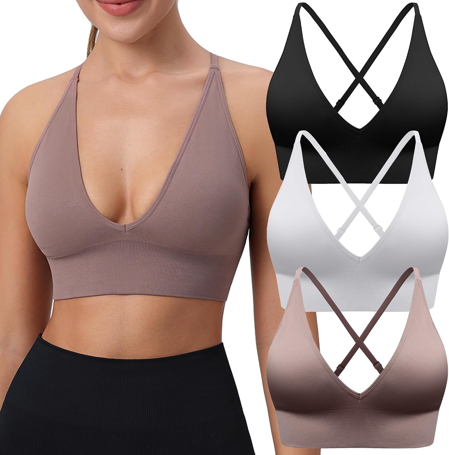 719V5covDL._AC_SL1500_.jpg Women Sports Bras Adjustable Deep V Neck Bras Wireless Spaghetti Strap Criss Cross Padded Low Support Sexy Bras - Image 1
