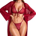 Women Sexy Lingerie Set - 3 Piece Bra and Panty Sets with Lace Kimono Robe Sheer Sleepwear Mesh Nightgown